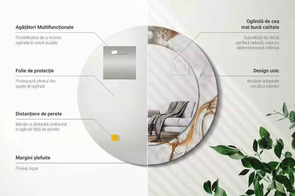 Rund spegel med tryckt ram Ljus marmor