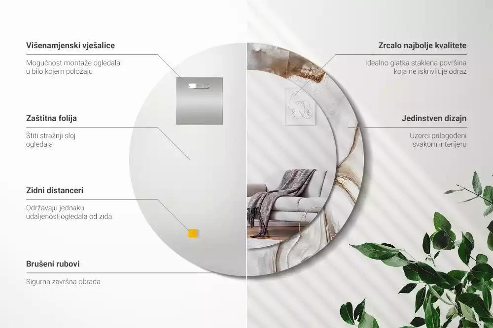 Rund spegel med tryckt ram Ljus marmor