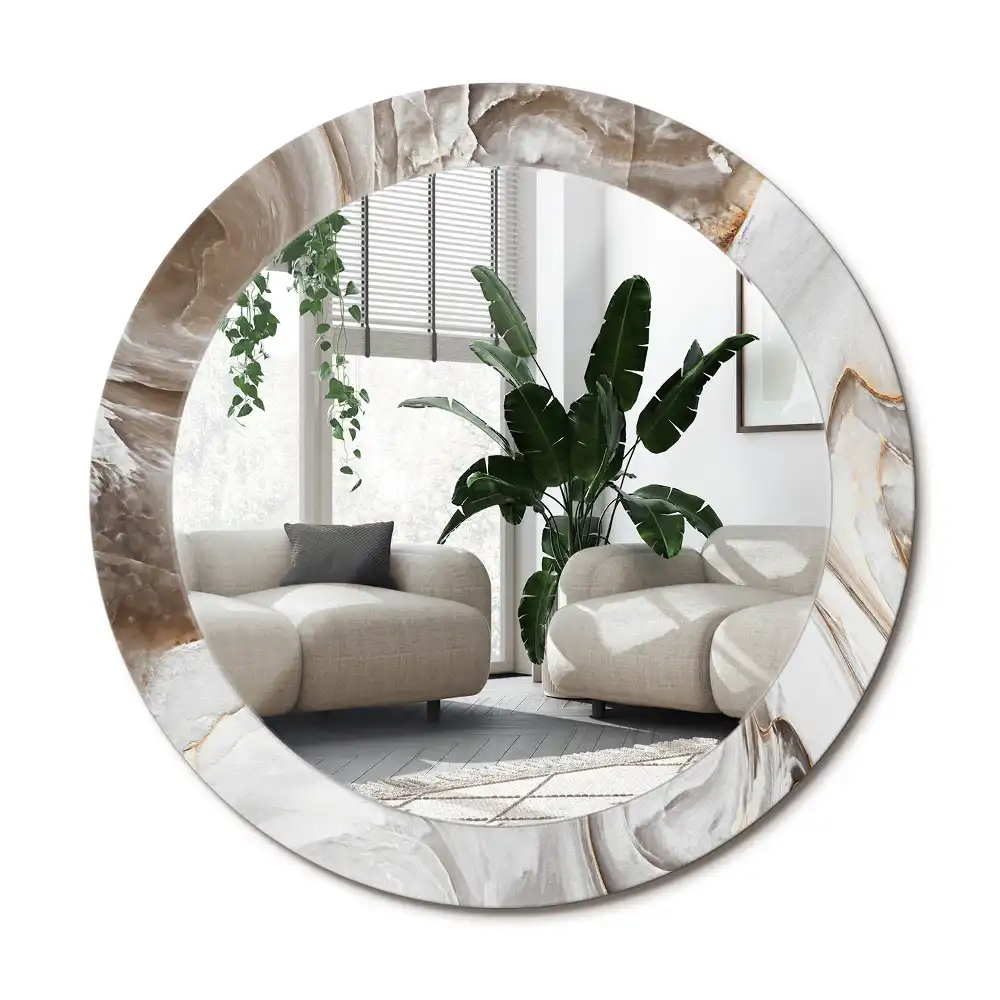 Rund spegel med tryckt ram Ljus marmor