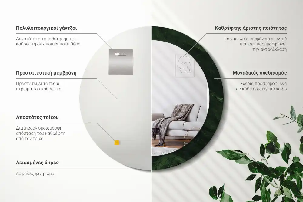 Rund spegel med tryckt Grön marmor