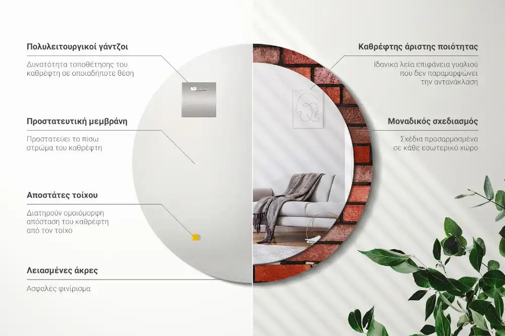 Rund spegel med tryckt ram Rött tegel