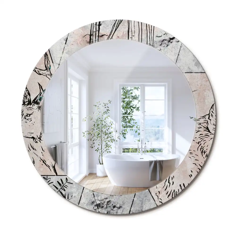 Rund spegel med tryckt ram Abstrakta djur