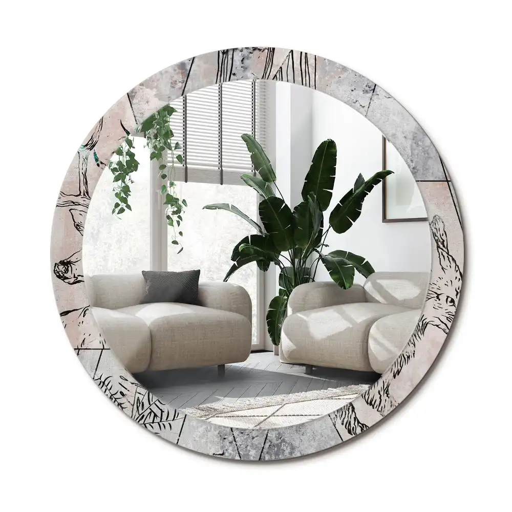 Rund spegel med tryckt ram Abstrakta djur