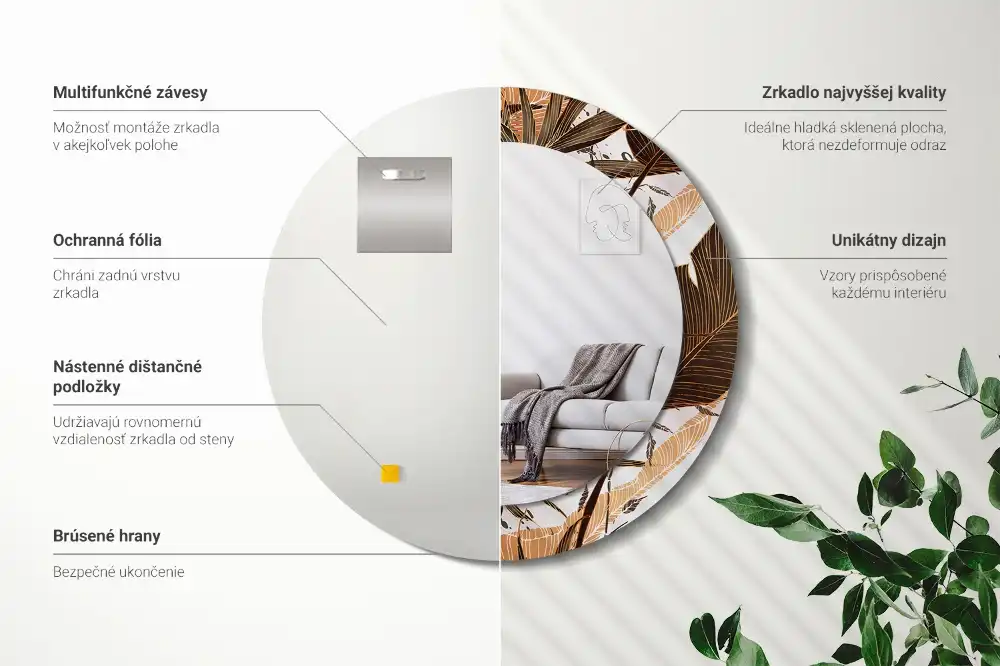 Rund spegel med tryckt ram Palmblad