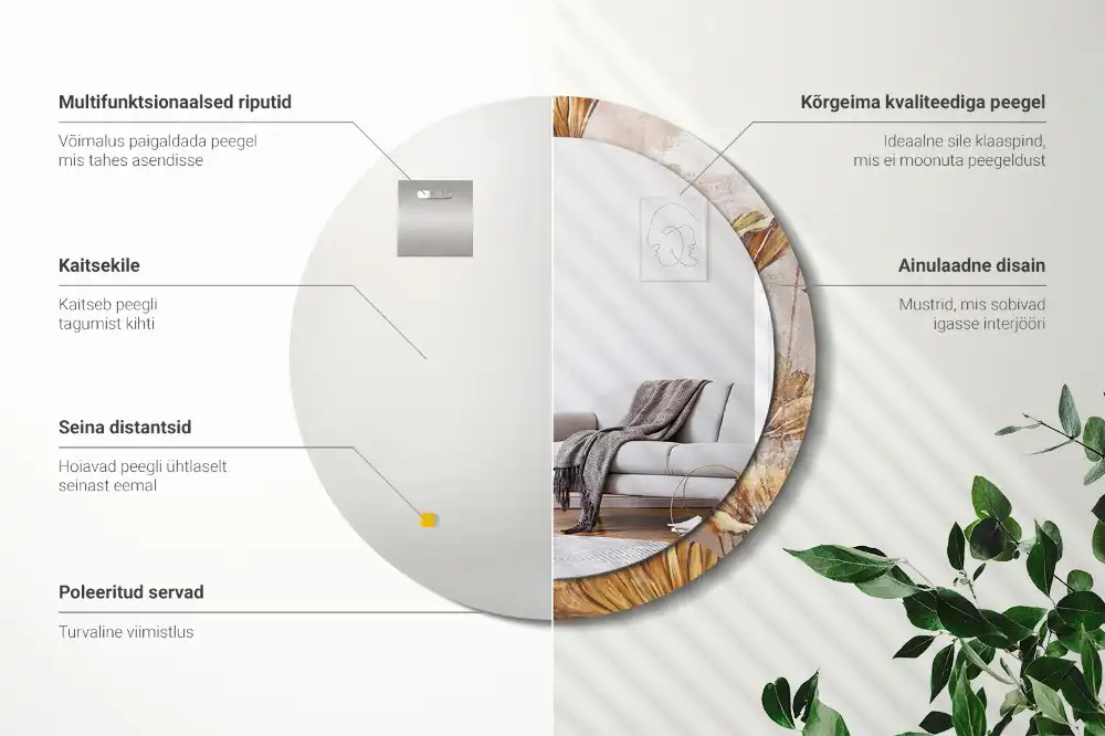 Rund spegel med tryckt ram Boho lämnar
