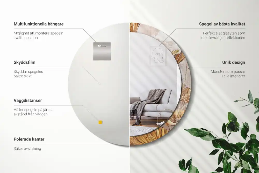 Rund spegel med tryckt ram Boho lämnar