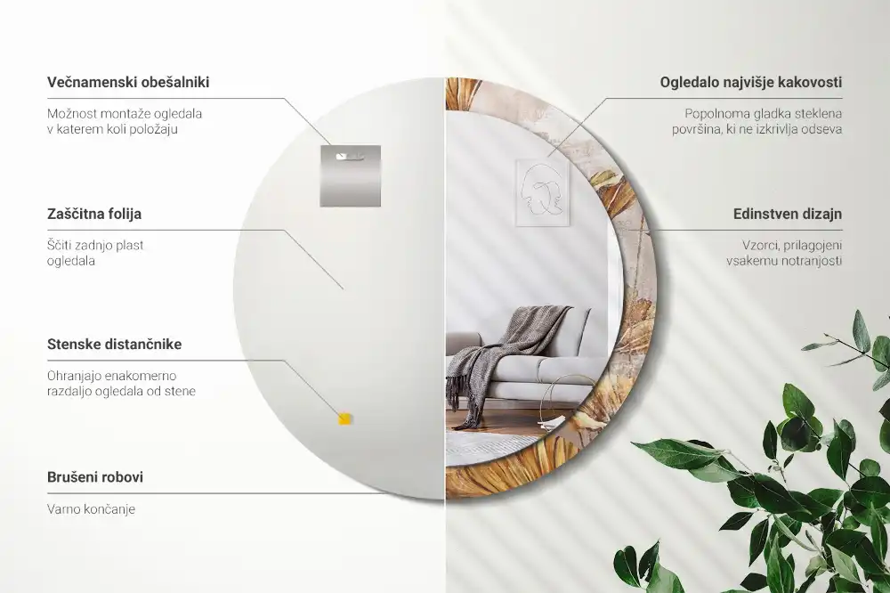 Rund spegel med tryckt ram Boho lämnar