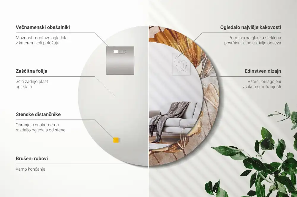 Rund spegel med tryckt ram Boho lämnar