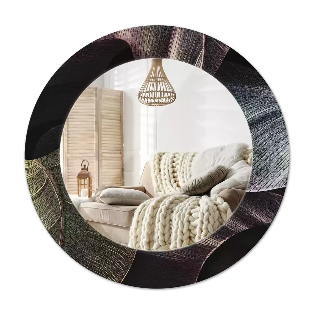 Rund spegel med tryckt Mörka tropiska löv