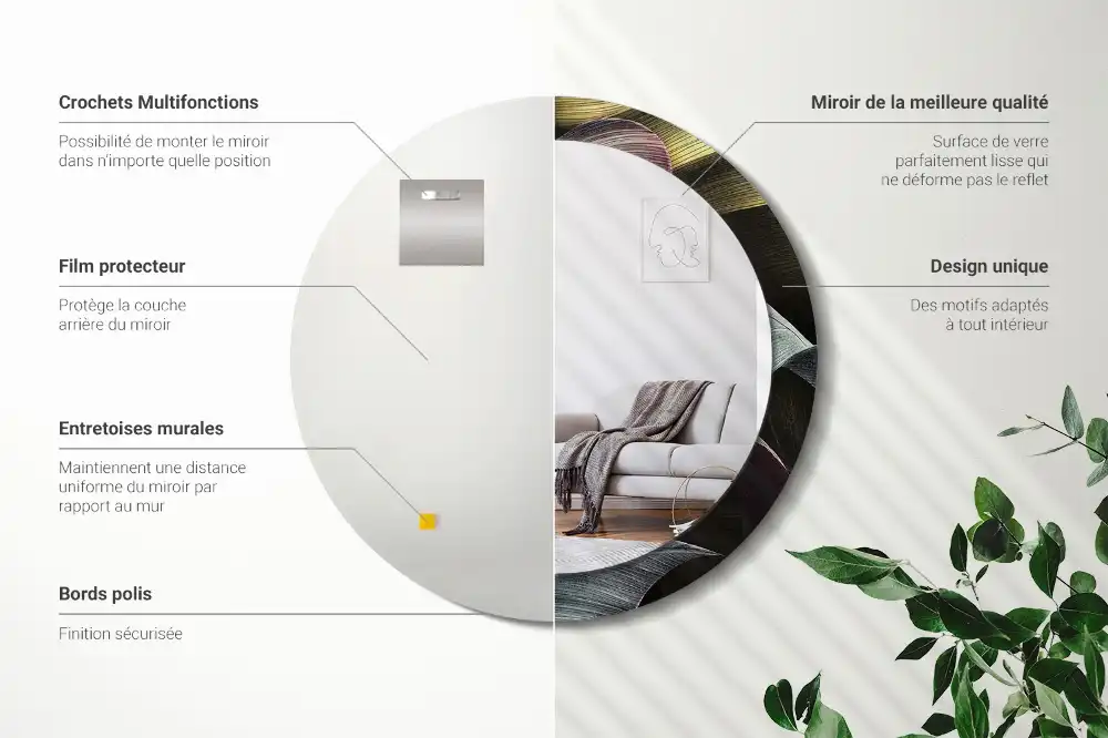 Rund spegel med tryckt Mörka tropiska löv