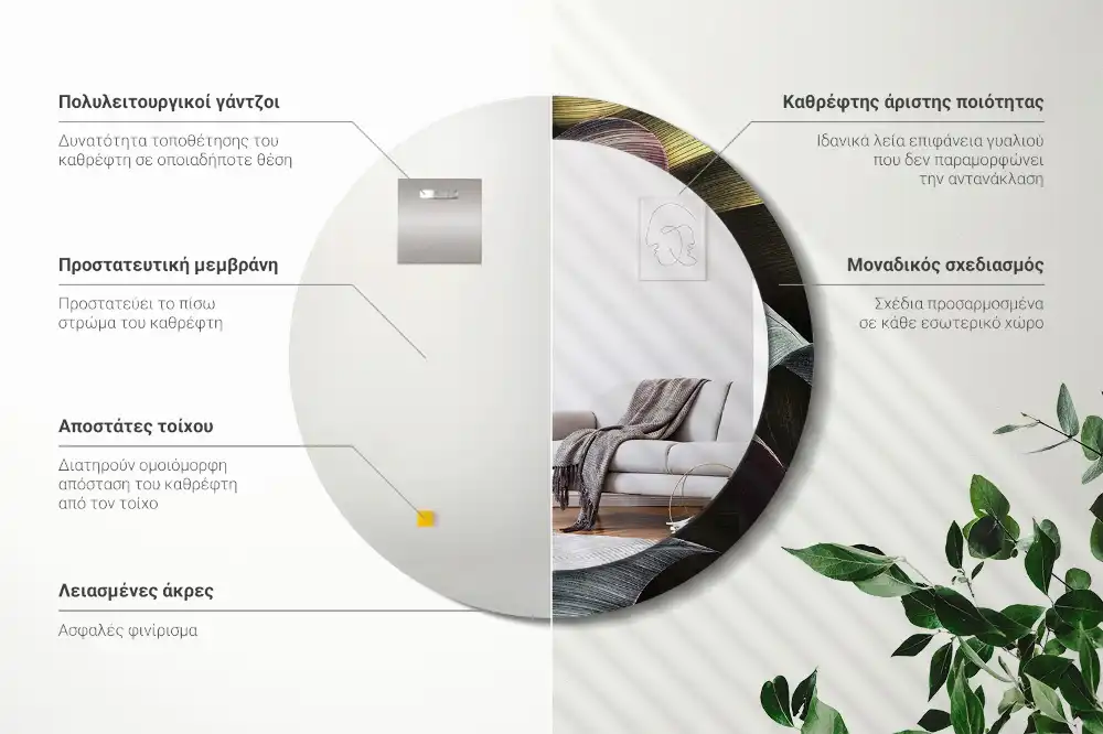 Rund spegel med tryckt Mörka tropiska löv