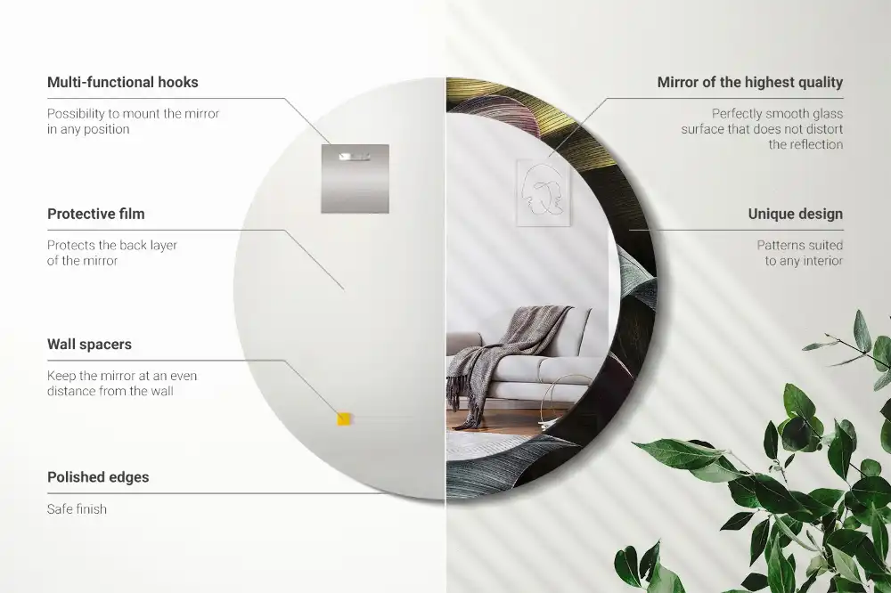 Rund spegel med tryckt Mörka tropiska löv