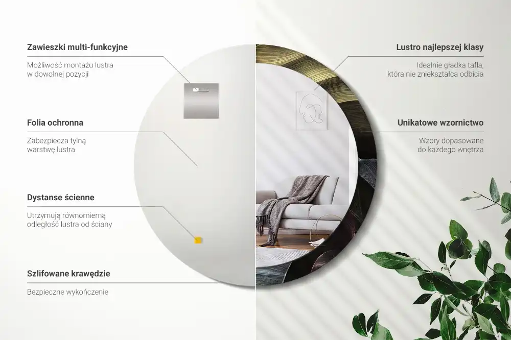 Rund spegel med tryckt Mörka tropiska löv