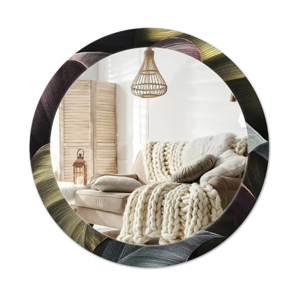 Rund spegel med tryckt Mörka tropiska löv