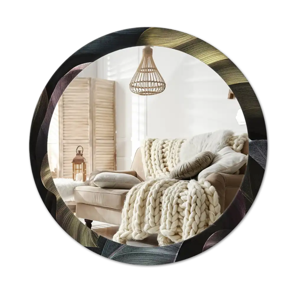 Rund spegel med tryckt Mörka tropiska löv