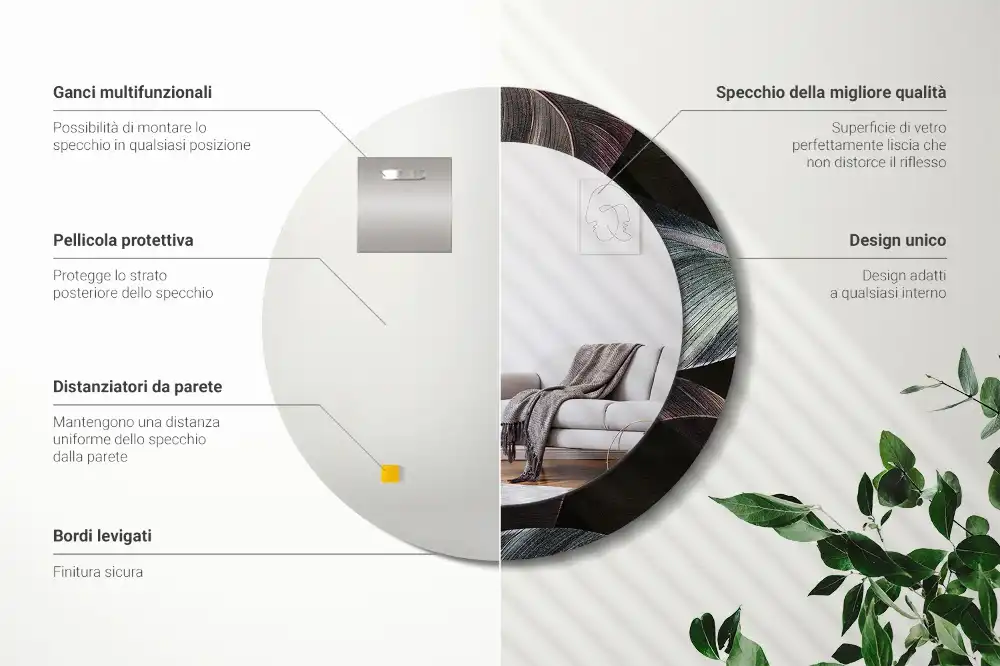 Rund spegel med tryckt Mörka tropiska löv