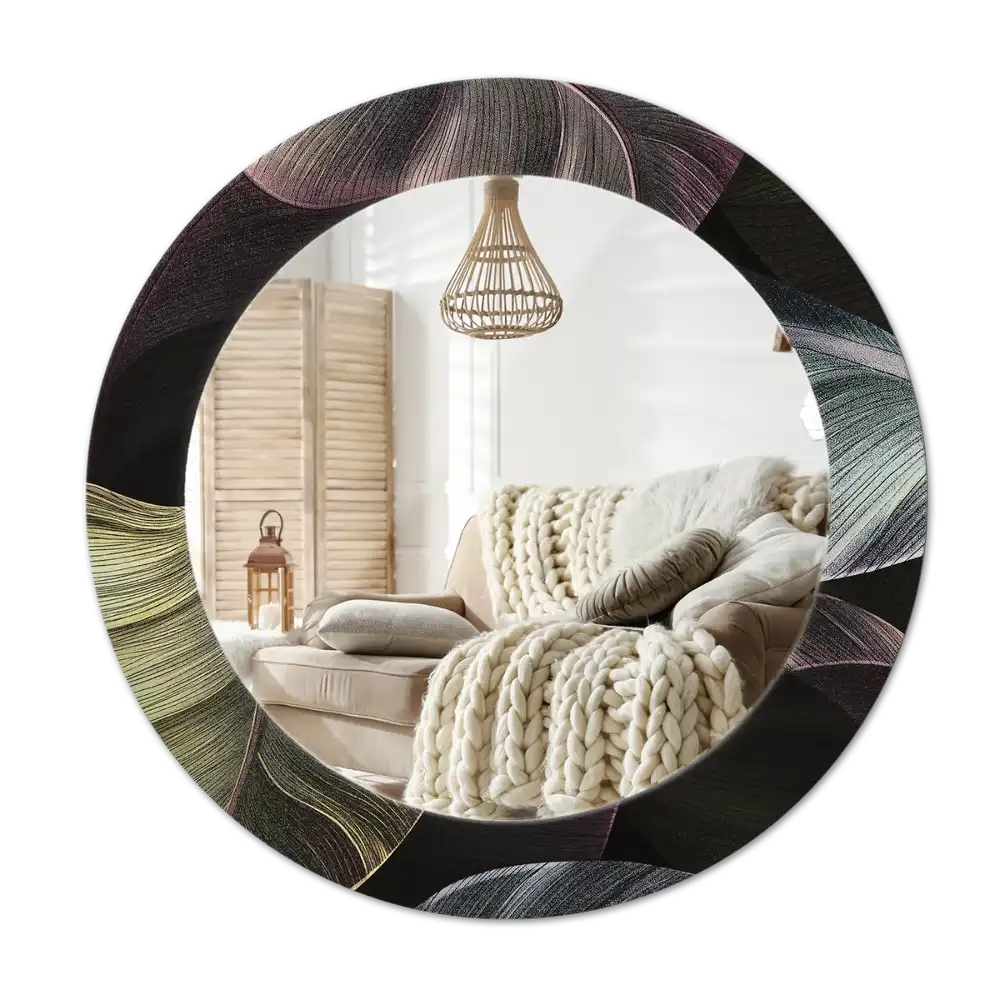 Rund spegel med tryckt Mörka tropiska löv