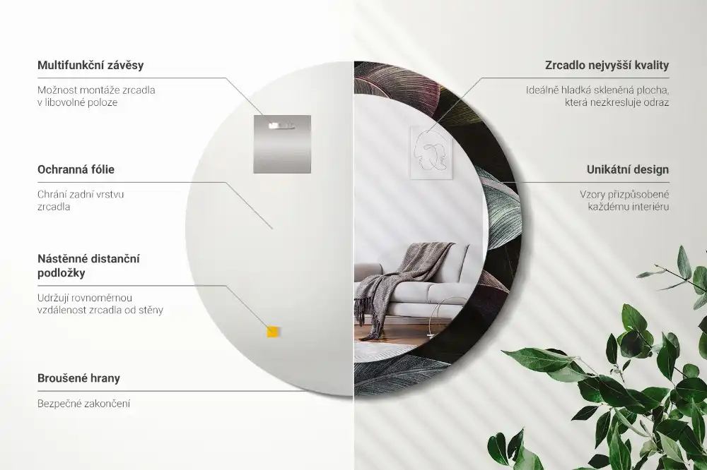 Rund spegel med tryckt Mörka tropiska löv