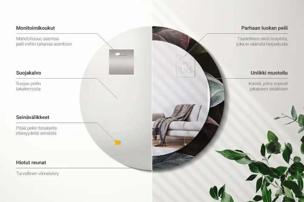 Rund spegel med tryckt Mörka tropiska löv