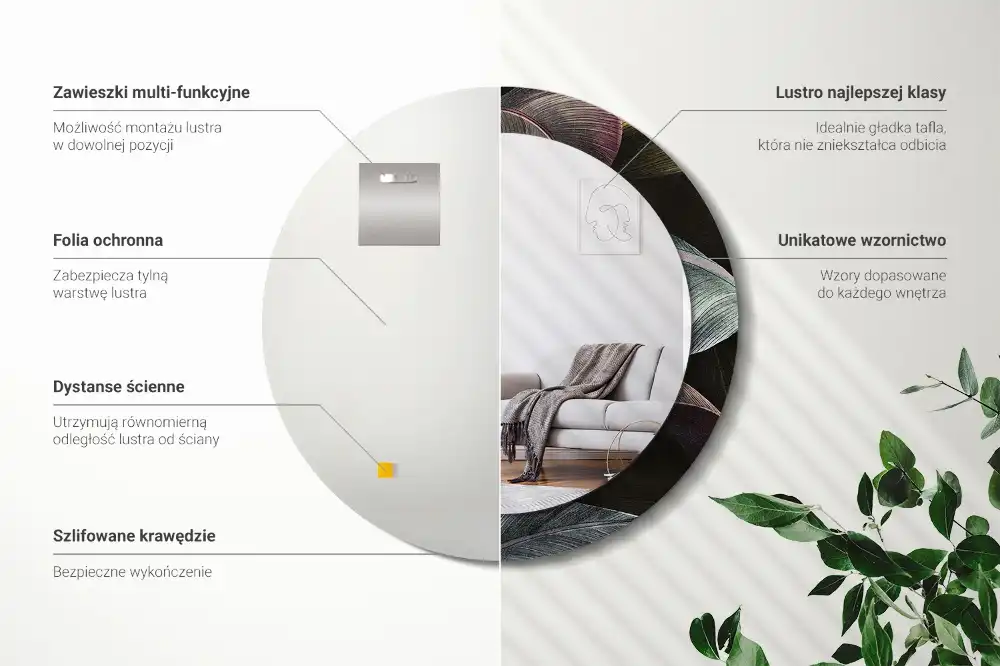 Rund spegel med tryckt Mörka tropiska löv