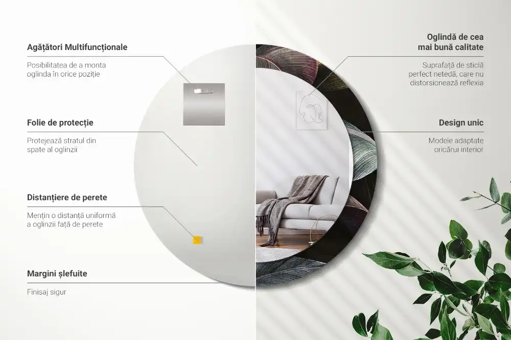 Rund spegel med tryckt Mörka tropiska löv