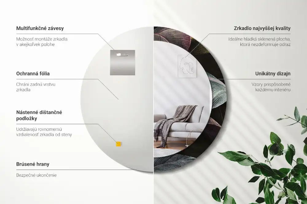 Rund spegel med tryckt Mörka tropiska löv