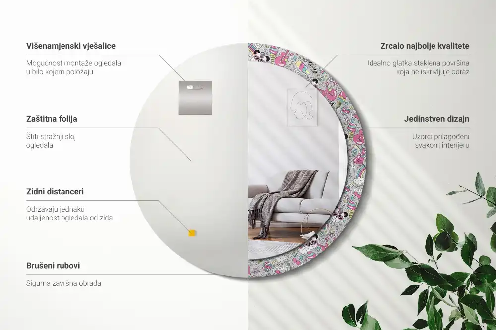 Rund spegel med tryckt Panda enhörning