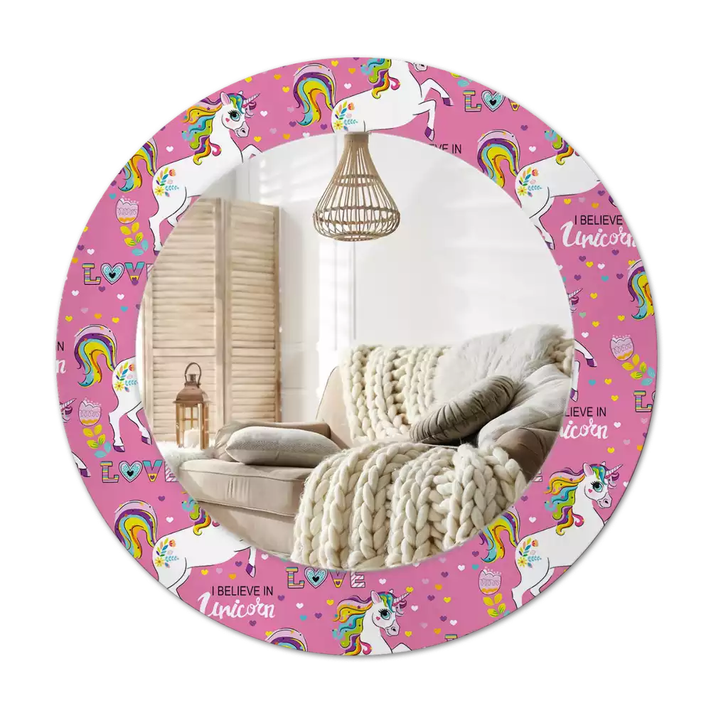 Rund spegel med tryckt ram Magisk enhörning