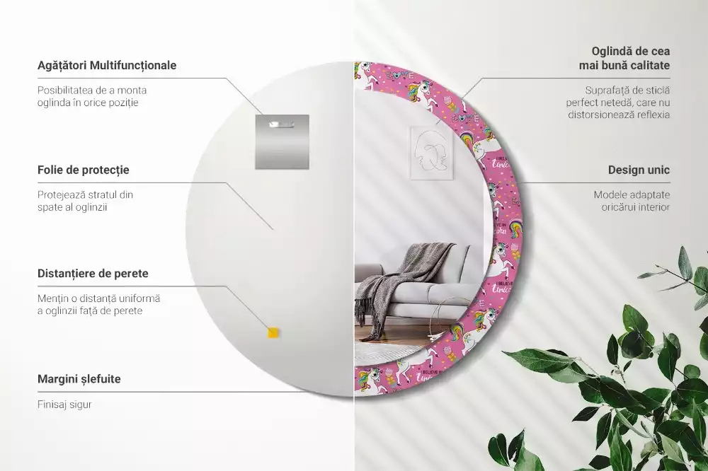 Rund spegel med tryckt ram Magisk enhörning