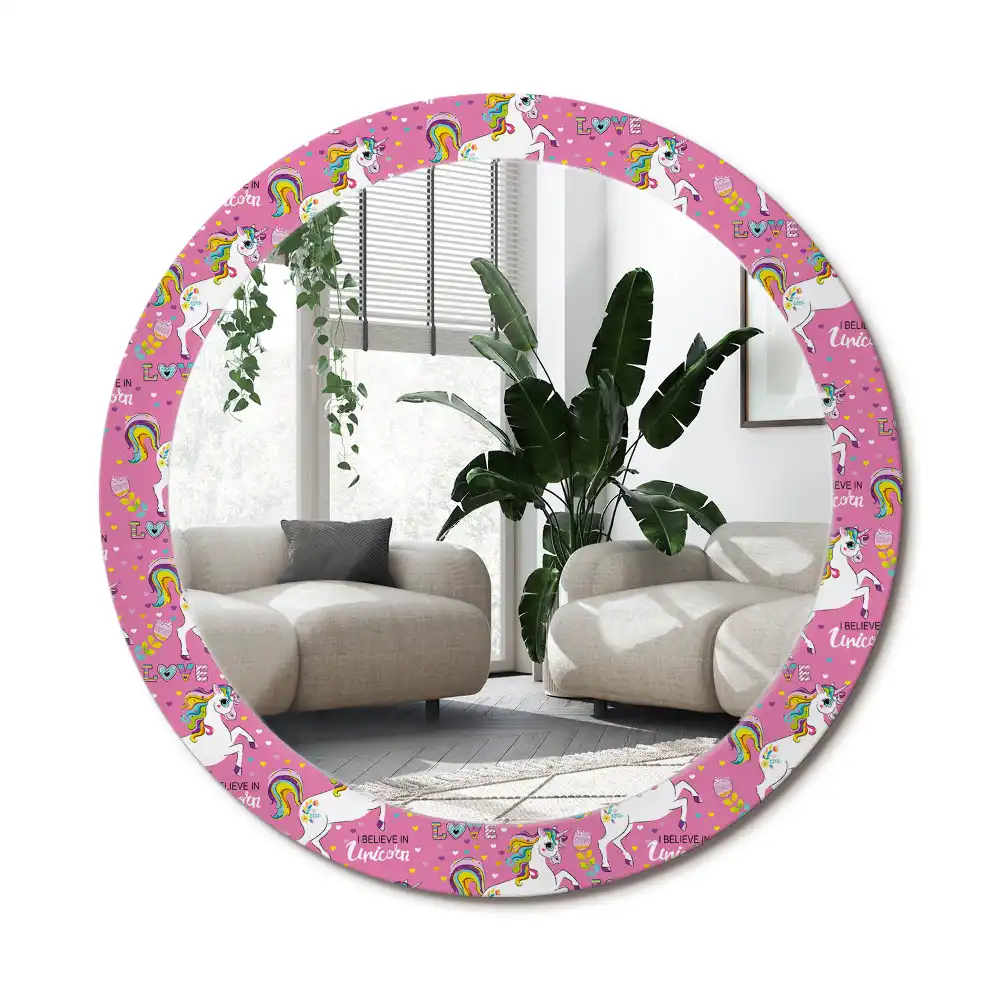 Rund spegel med tryckt ram Magisk enhörning