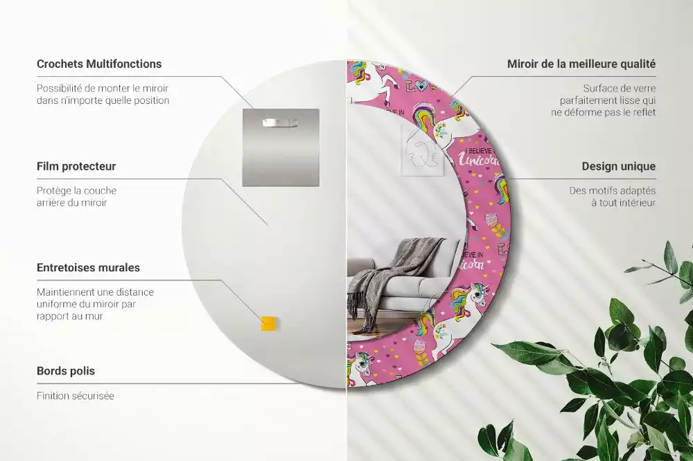 Rund spegel med tryckt ram Magisk enhörning