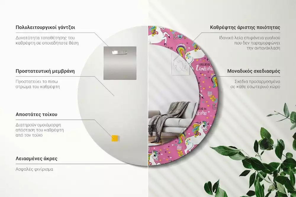 Rund spegel med tryckt ram Magisk enhörning