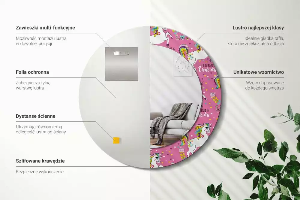 Rund spegel med tryckt ram Magisk enhörning