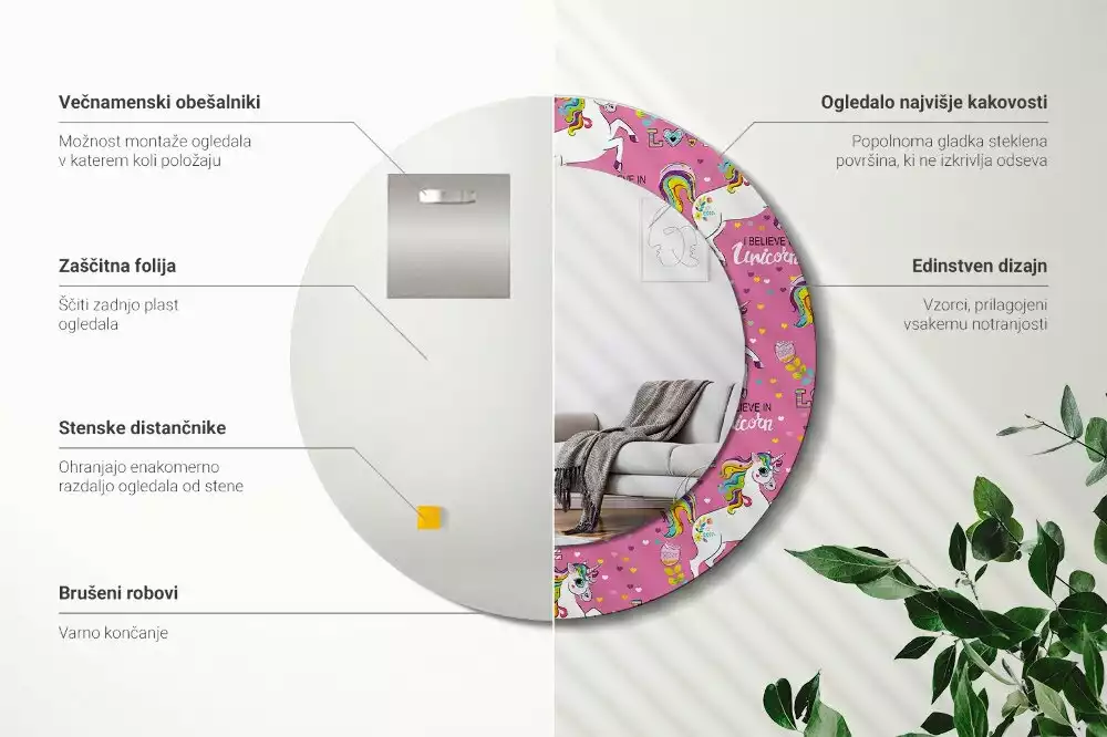 Rund spegel med tryckt ram Magisk enhörning