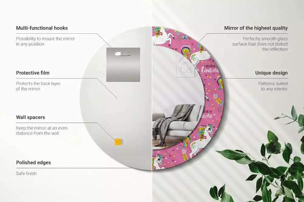 Rund spegel med tryckt ram Magisk enhörning