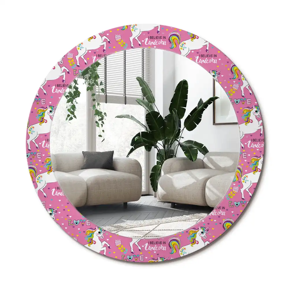 Rund spegel med tryckt ram Magisk enhörning