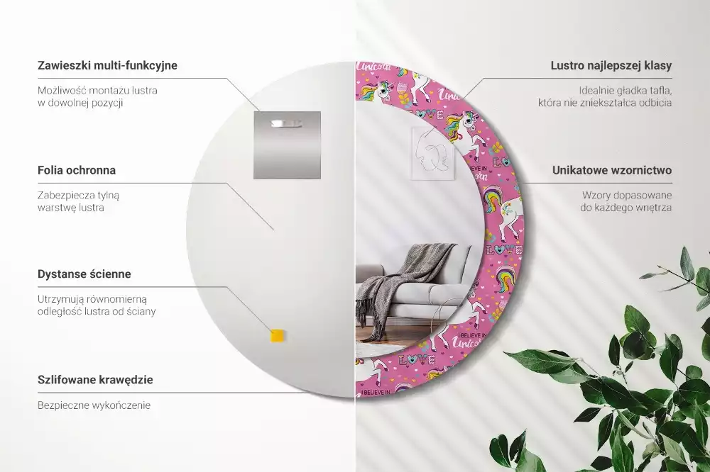 Rund spegel med tryckt ram Magisk enhörning