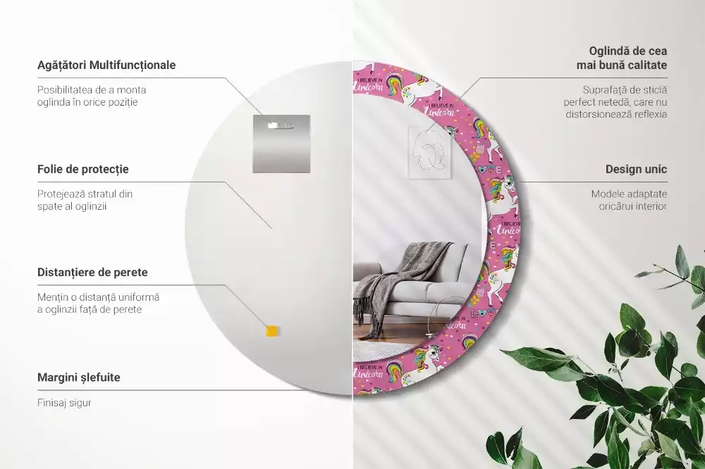 Rund spegel med tryckt ram Magisk enhörning