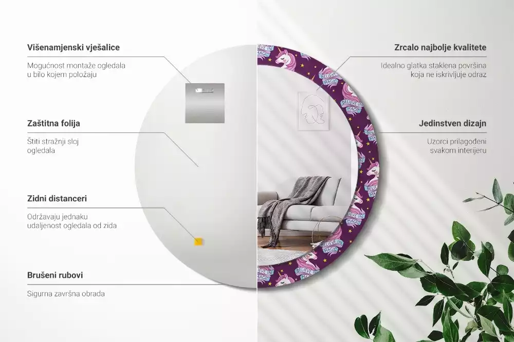 Rund spegel med tryckt ram Star Unicorn