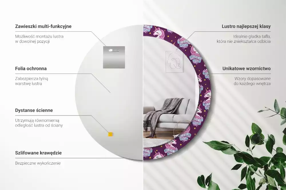 Rund spegel med tryckt ram Star Unicorn