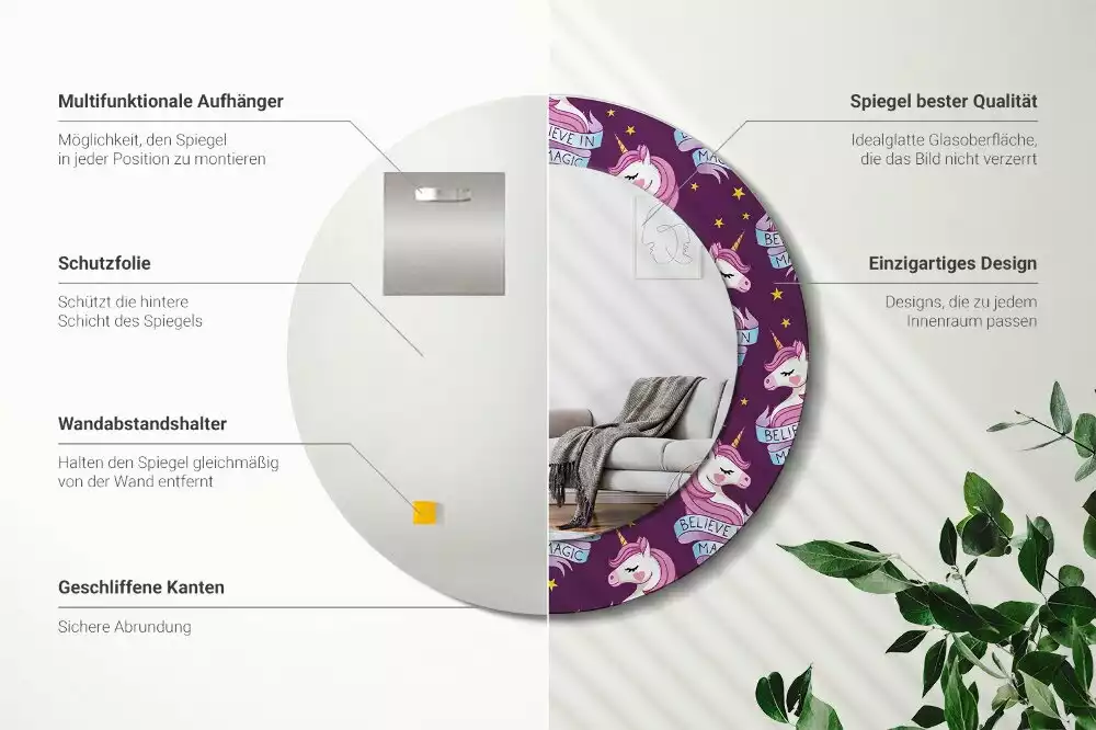 Rund spegel med tryckt ram Star Unicorn