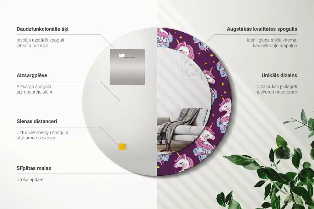 Rund spegel med tryckt ram Star Unicorn