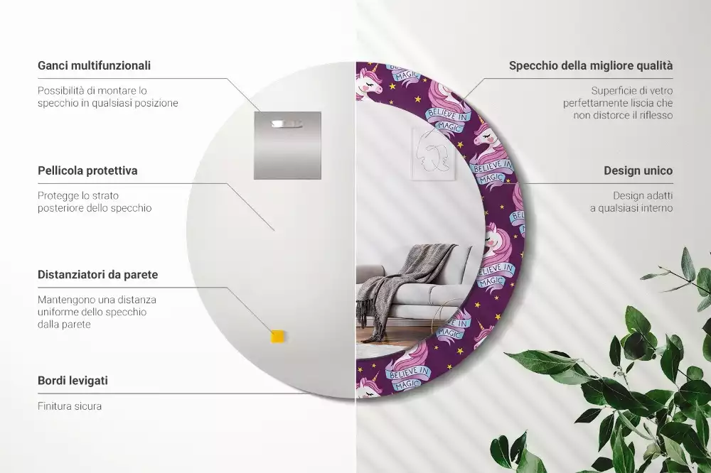 Rund spegel med tryckt ram Star Unicorn