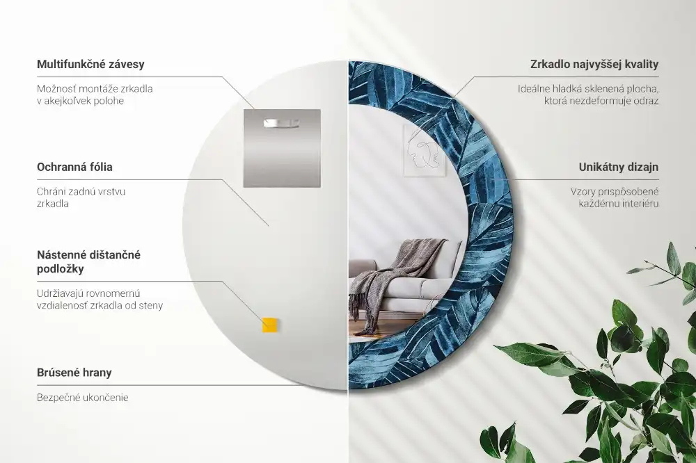 Rund spegel med tryckt Djungellöv