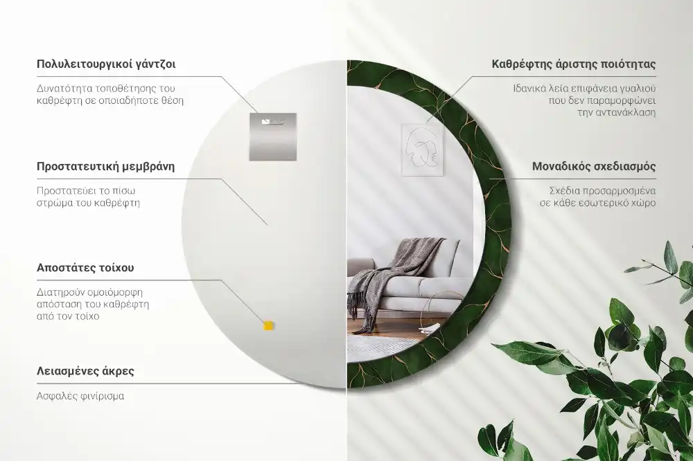 Rund spegel med tryckt Abstrakt blad