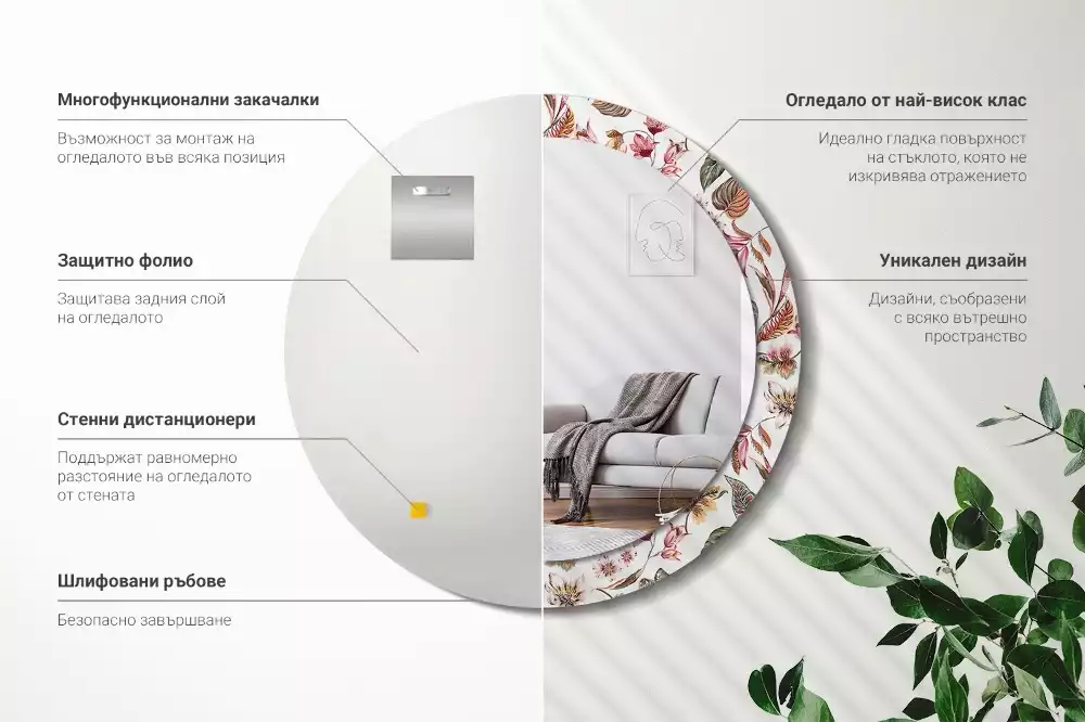 Rund spegel med tryckt ram Vintage blommor