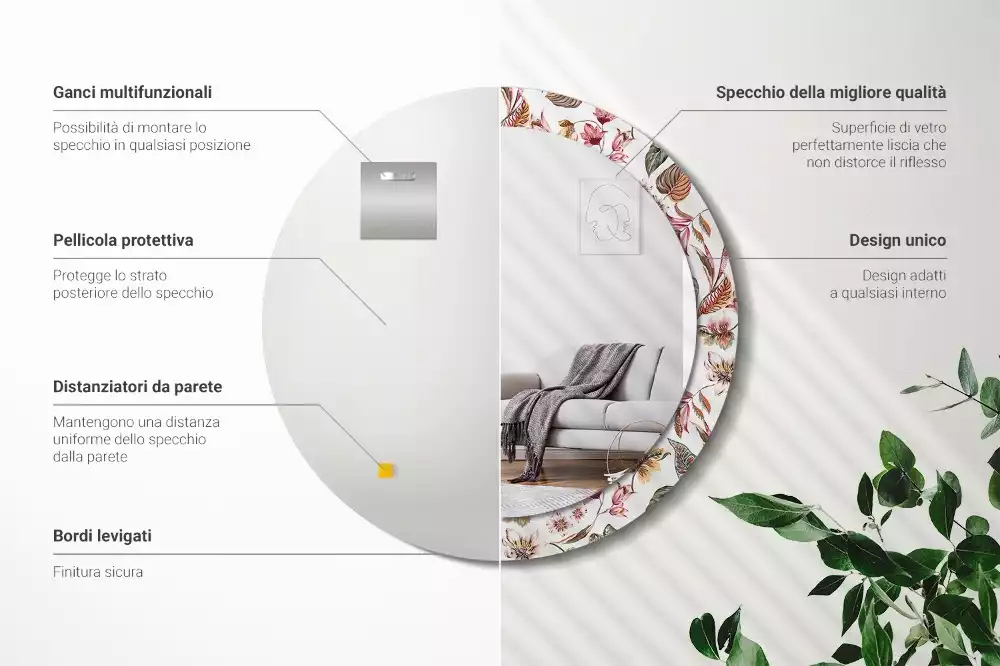 Rund spegel med tryckt ram Vintage blommor