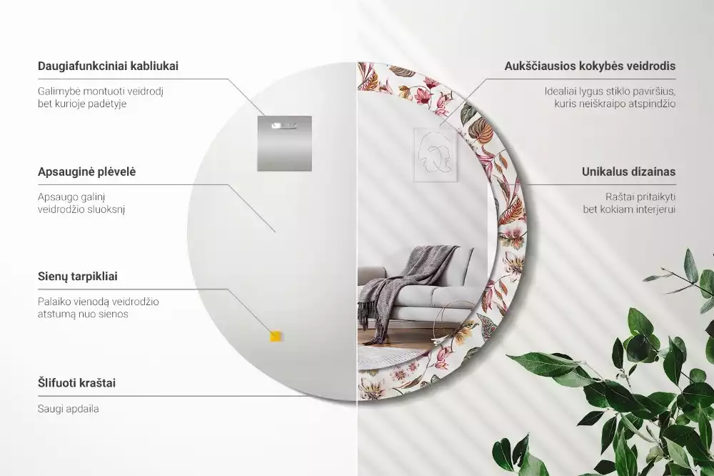 Rund spegel med tryckt ram Vintage blommor