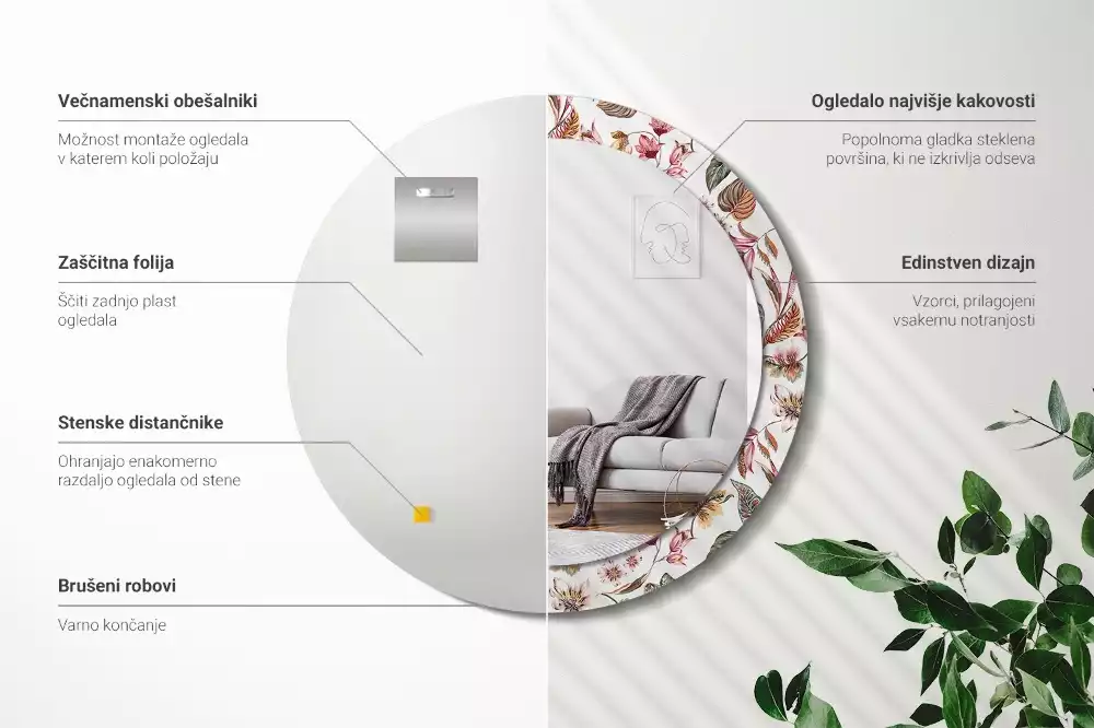 Rund spegel med tryckt ram Vintage blommor