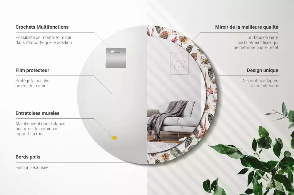 Rund spegel med tryckt ram Vintage blommor